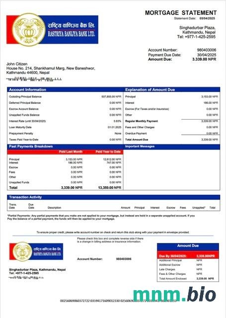 Nepal Rastriya Banijya Bank wyciąg z kredytu hipotecznego szablon Word i PDF